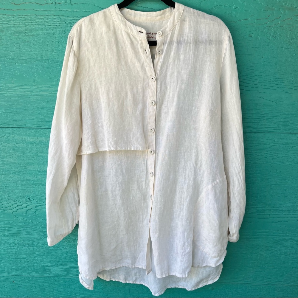 Gudrun Sjöden 100% Linen Tunic Top L Ivory Button Front Long Sleeve Pockets
